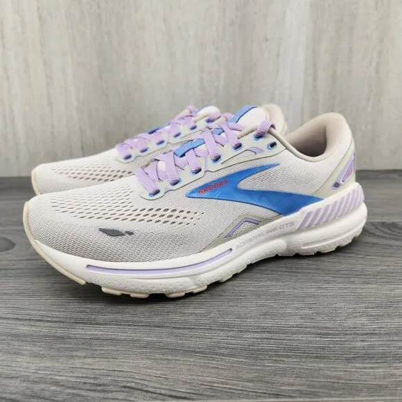 Brooks Adrenaline GTS 23 Sz 7.5 Womens Beige Ivory Purple Blue Running Shoes