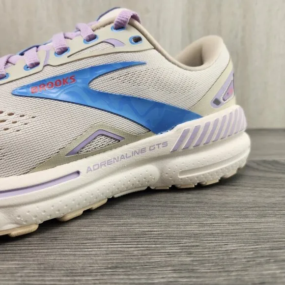 Brooks Adrenaline GTS 23 Sz 7.5 Womens Beige Ivory Purple Blue Running Shoes