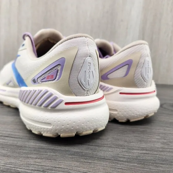 Brooks Adrenaline GTS 23 Sz 7.5 Womens Beige Ivory Purple Blue Running Shoes