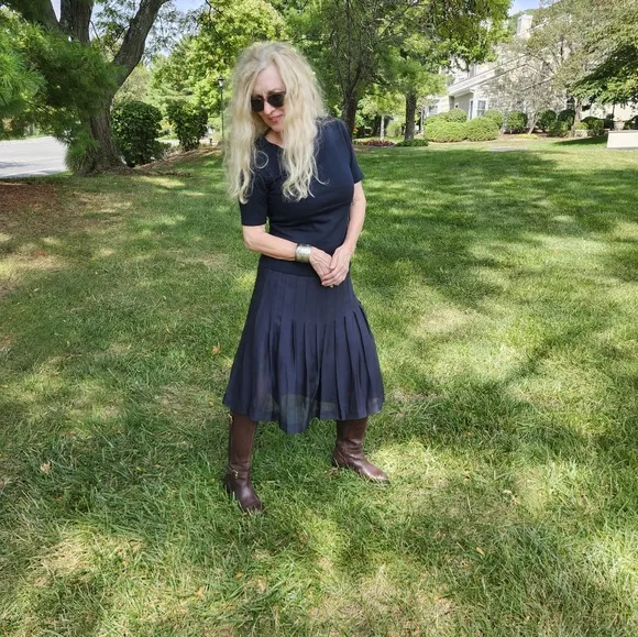 Brooks Brothers Navy Silk Pleated Skirt and Vintage Silk Top, Size 8/Small, $65
