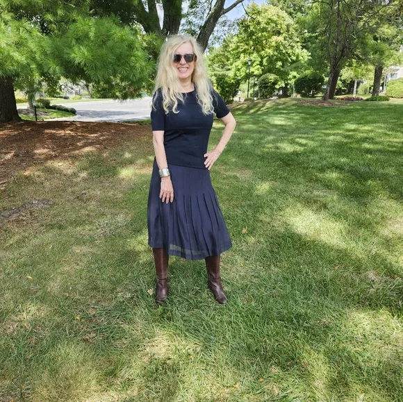 Brooks Brothers Navy Silk Pleated Skirt and Vintage Silk Top, Size 8/Small, $65
