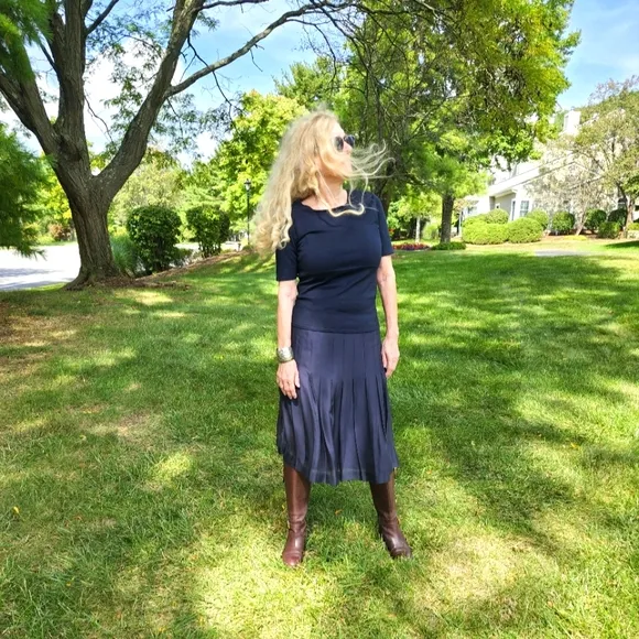 Brooks Brothers Navy Silk Pleated Skirt and Vintage Silk Top, Size 8/Small, $65