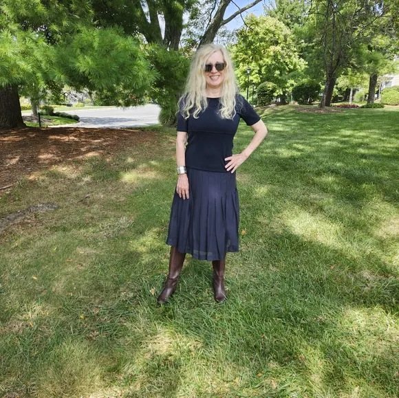 Brooks Brothers Navy Silk Pleated Skirt and Vintage Silk Top, Size 8/Small, $65