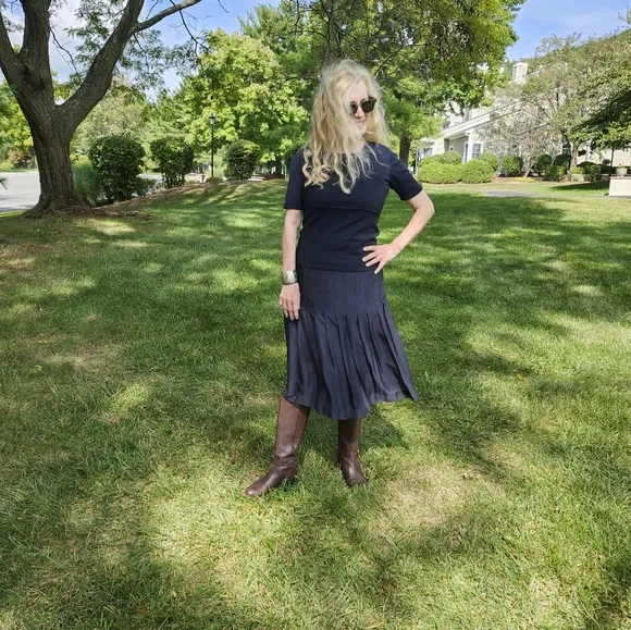 Brooks Brothers Navy Silk Pleated Skirt and Vintage Silk Top, Size 8/Small, $65