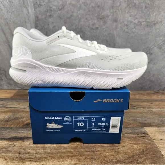 Brooks Ghost Max Size 10 Mens White Oyster Metallic Silver Running Shoes