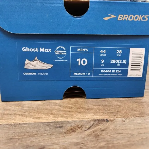 Brooks Ghost Max Size 10 Mens White Oyster Metallic Silver Running Shoes