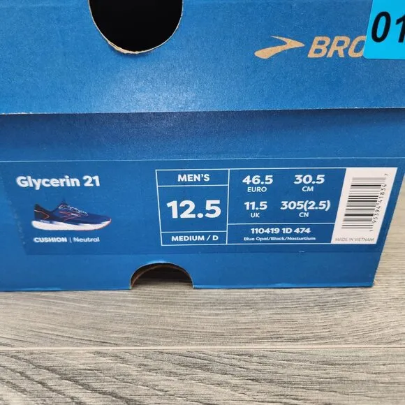 Brooks Glycerin 21 Size 12.5 Mens Blue Opal Black Nasturtium White Running Shoes