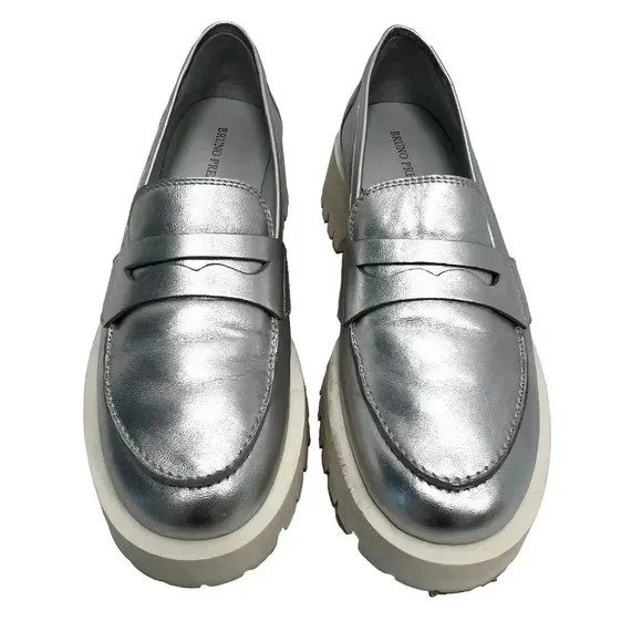 Bruno Premi Sporty Lugged Platform Loafer Silver Preppy Academia Stylish US 8.5