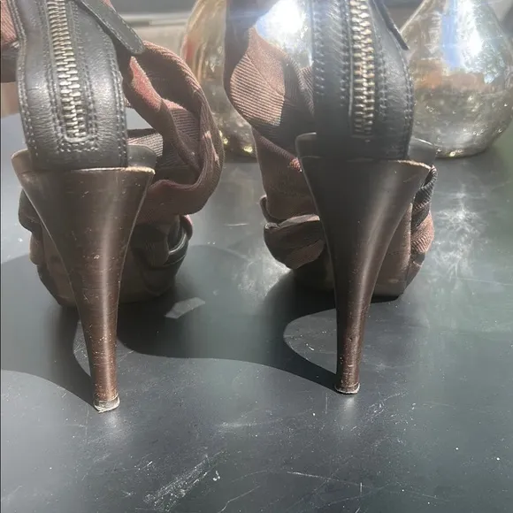 Burberry Black and Brown Platform Sandals with Crisscross Straps