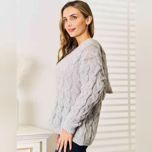Cable-Knit Woven Hoodie Long Sleeve Classic Pullover Lightweight Sweater