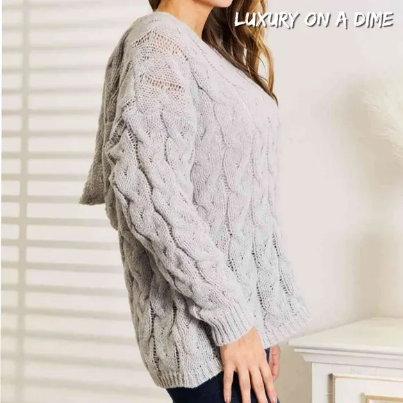 Cable-Knit Woven Hoodie Long Sleeve Classic Pullover Lightweight Sweater