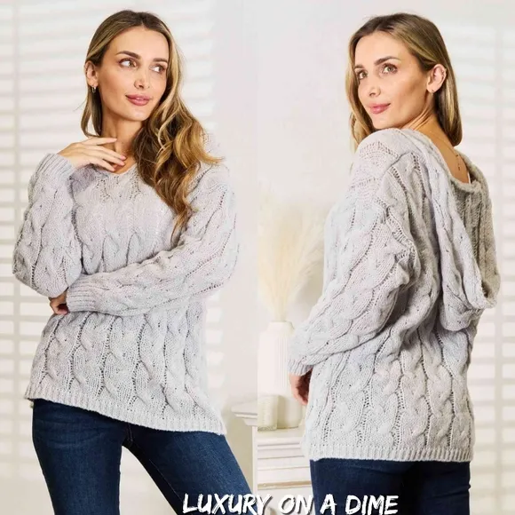 Cable-Knit Woven Hoodie Long Sleeve Classic Pullover Lightweight Sweater