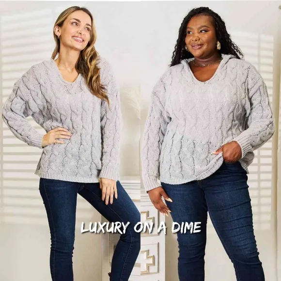 Cable-Knit Woven Hoodie Long Sleeve Classic Pullover Lightweight Sweater