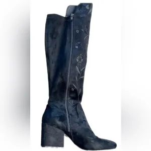CAFE NOIR Embroidered Knee High Women’s Black Suede Boots, Italian Made EU37 US7