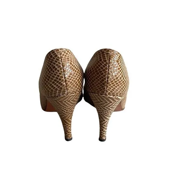 CALDERONE Vintage Tan Snake Embossed Leather Slip-On Heels Pumps Shoes 6.5