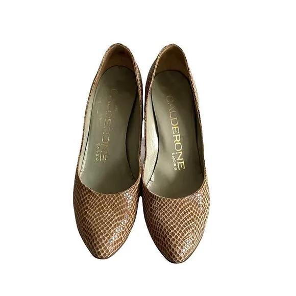 CALDERONE Vintage Tan Snake Embossed Leather Slip-On Heels Pumps Shoes 6.5