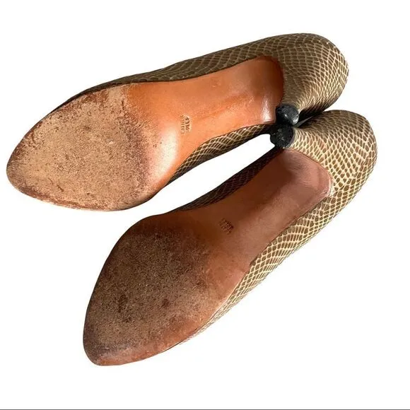 CALDERONE Vintage Tan Snake Embossed Leather Slip-On Heels Pumps Shoes 6.5