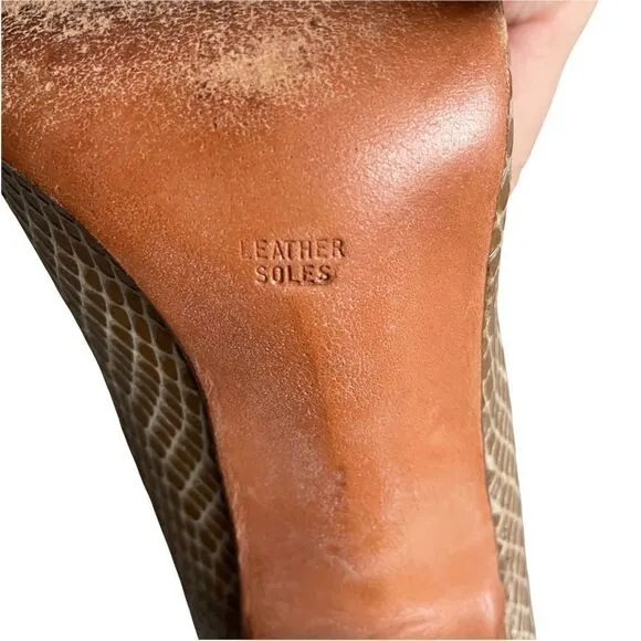CALDERONE Vintage Tan Snake Embossed Leather Slip-On Heels Pumps Shoes 6.5