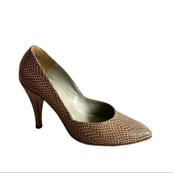 CALDERONE Vintage Tan Snake Embossed Leather Slip-On Heels Pumps Shoes 6.5