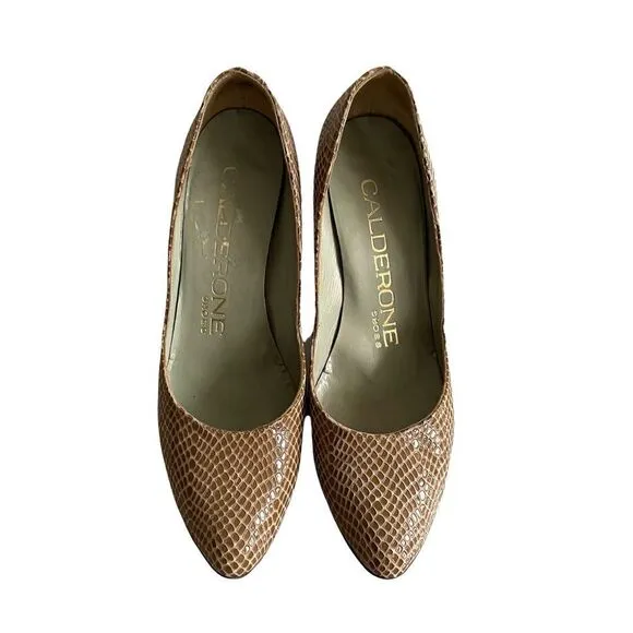 CALDERONE Vintage Tan Snake Embossed Leather Slip-On Heels Pumps Shoes 6.5