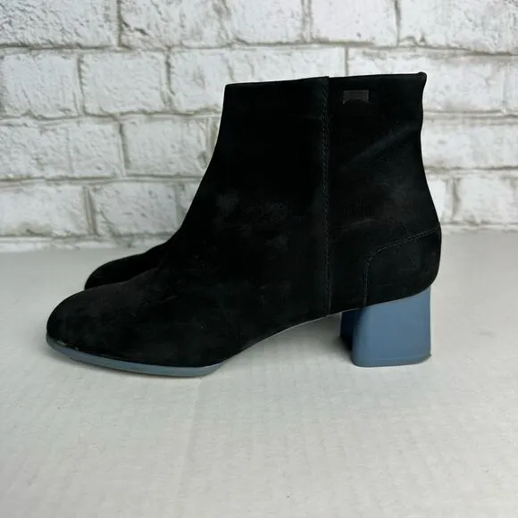 Camper Boots Heel Ankle Booties Leather Suede Block Zip Neutral Black Blue 37 7
