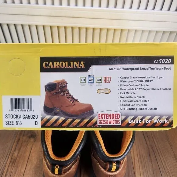 Carolina CA5020 Bruno 6&quot; Waterproof Soft Broad Toe Work Boots Men Sz 8.5 D Brown