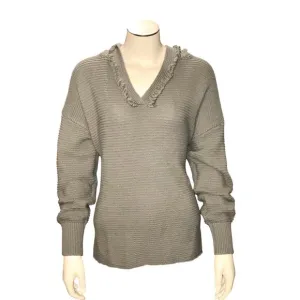 CCC Long Sleeve Hoodie Ribbed Cozy Gray Knit Pullover Sweater Fringed V Neck LG