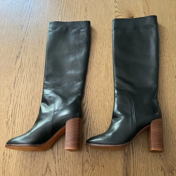Celine Black Leather Calf-High Boots