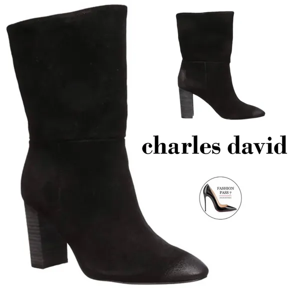 Charles David Burbank Black Suede Leather Block Heel Almond Toe Fashion Boots 9