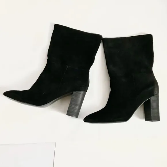Charles David Burbank Black Suede Leather Block Heel Almond Toe Fashion Boots 9