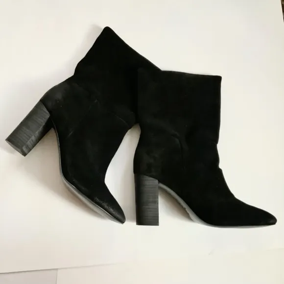 Charles David Burbank Black Suede Leather Block Heel Almond Toe Fashion Boots 9