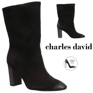 Charles David Burbank Black Suede Leather Block Heel Almond Toe Fashion Boots 9