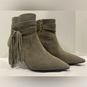 CHARLES JOURDAN Ferris Fringe Tassel Gray Suede Heeled Ankle Boots Womens Size 7