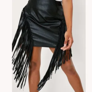 💥CHIC &amp; SEXY💥 Asymmetrical Mini Fringed Skirt in Black Leather