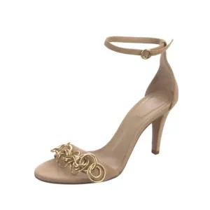 Chloe Chain Link Sandals Heels Womens 37 7 Beige Nude Gold Suede Buckle Shoes