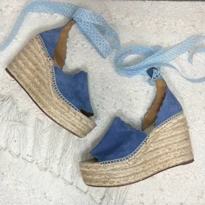 Chloe REEF Heels Blue Suede Peeptoe Ankle Strap Platform Wedge Sandals 10