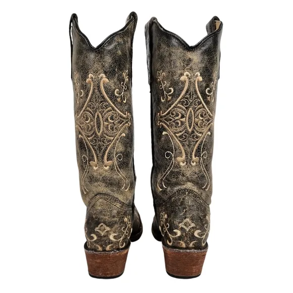 Circle G Corral Black Crackle Distressed Embroidered Cowboy Boot Womens Size 6.5