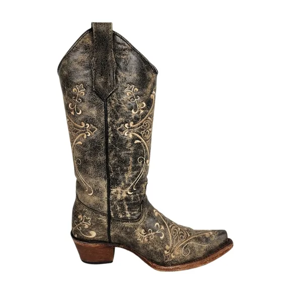 Circle G Corral Black Crackle Distressed Embroidered Cowboy Boot Womens Size 6.5