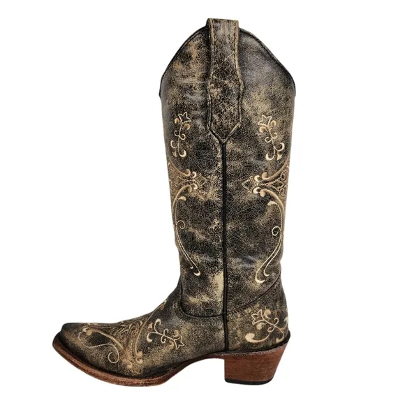 Circle G Corral Black Crackle Distressed Embroidered Cowboy Boot Womens Size 6.5