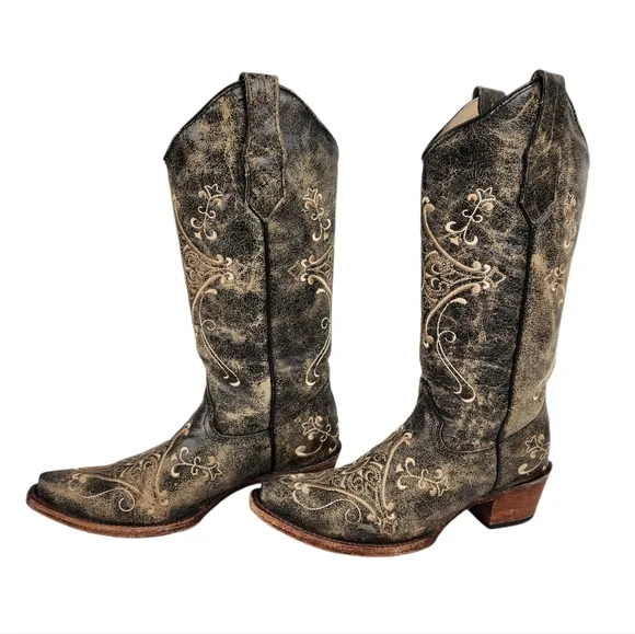Circle G Corral Black Crackle Distressed Embroidered Cowboy Boot Womens Size 6.5