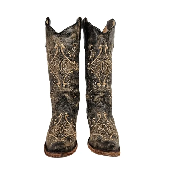 Circle G Corral Black Crackle Distressed Embroidered Cowboy Boot Womens Size 6.5