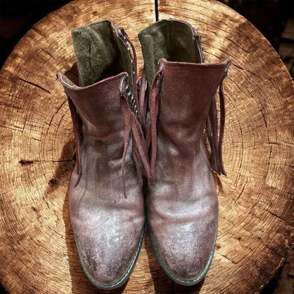 Circle G Corral Distressed Wine Leather Fringe Stud Cowgirl Western Ankle Bootie