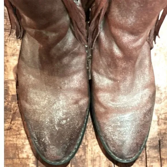 Circle G Corral Distressed Wine Leather Fringe Stud Cowgirl Western Ankle Bootie