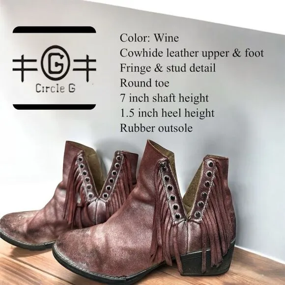 Circle G Corral Distressed Wine Leather Fringe Stud Cowgirl Western Ankle Bootie