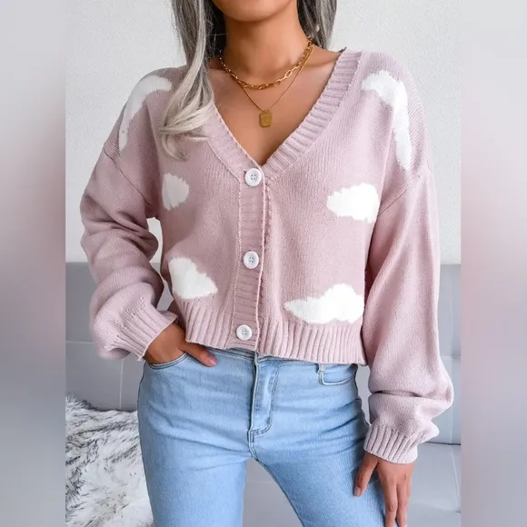 Cloud Cropped Classic Knit Button Front Retro Long Sleeve Cardigan Fun Eclectic
