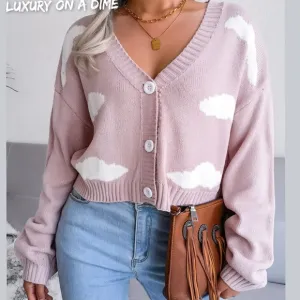 Cloud Cropped Classic Knit Button Front Retro Long Sleeve Cardigan Fun Eclectic