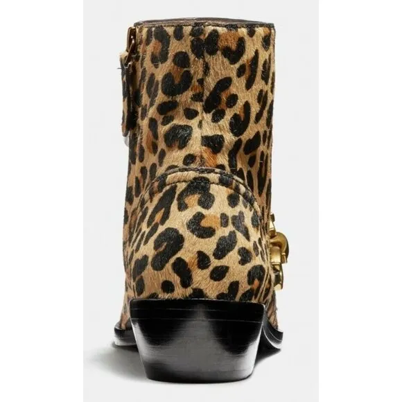 Coach Allen Bootie with Leopard Print Gold Logo Chain Link Size 5 New In Box