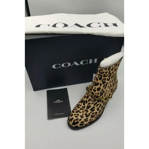 Coach Allen Bootie with Leopard Print Gold Logo Chain Link Size 5 New In Box