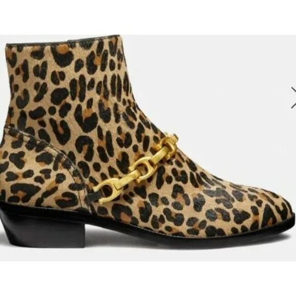 Coach Allen Bootie with Leopard Print Gold Logo Chain Link Size 5 New In Box