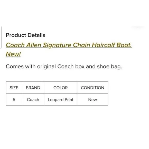 Coach Allen Bootie with Leopard Print Gold Logo Chain Link Size 5 New In Box